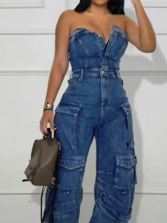 Loragal Denim Cargo Jumpsuit 3X Strapless Utility Wide Leg Statement Piece - Picture 2 of 3